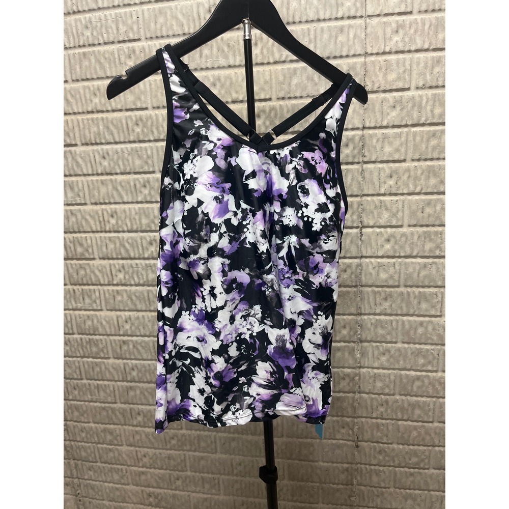 Yonique Purple Floral Tankini Swim Top Adjustable Straps Size Large NWT